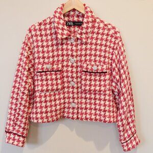 ZARA houndstooth plaid jacket pink white embellished button L glam event formal